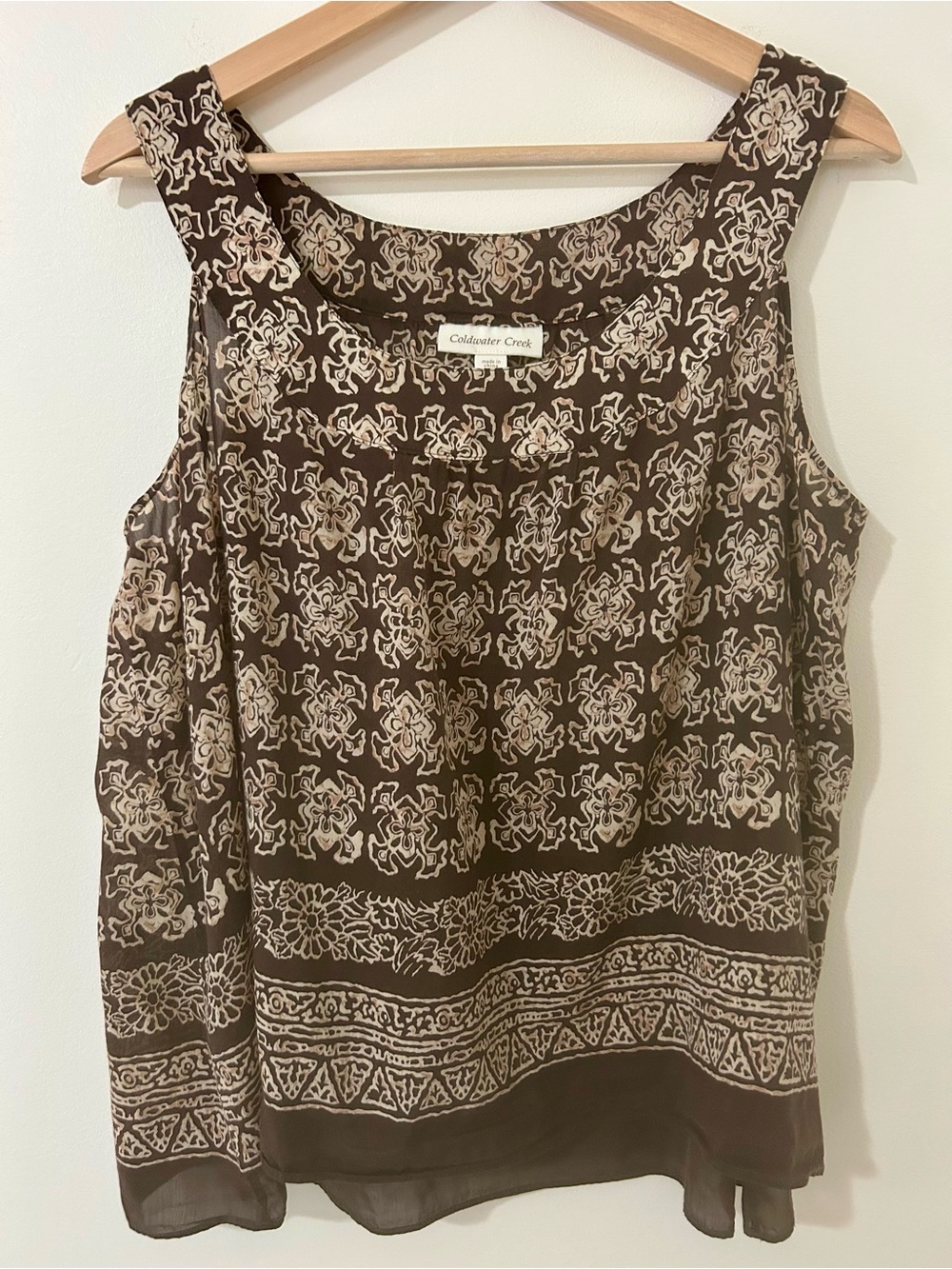 Vintage Coldwater Creek Silk Cotton Blend Tank Top Tile Print Brown Petite XL